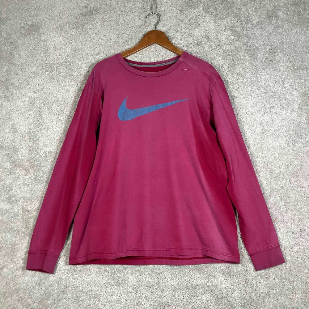 Nike Long Sleeve Shirt Mens L Pink Big Swoosh Graphic Pullover Tee Y2K Sunfaded